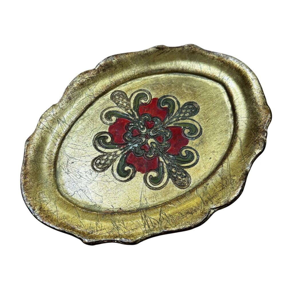 Vintage Italian Florentine style tray oval trinket holder display red & gold